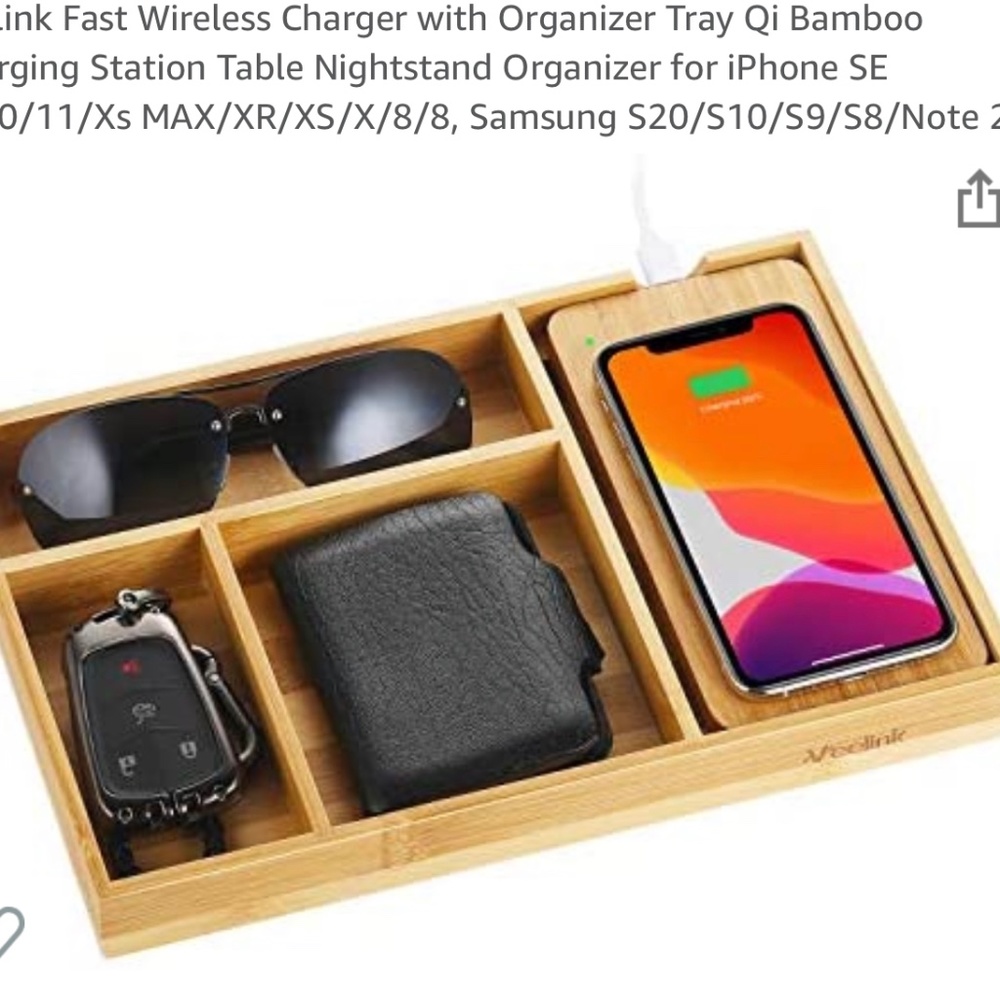 Wireless Nightstand Organizer Charger Bamboo for iPhone SE 2020/11/Xs MAX/XR/XS